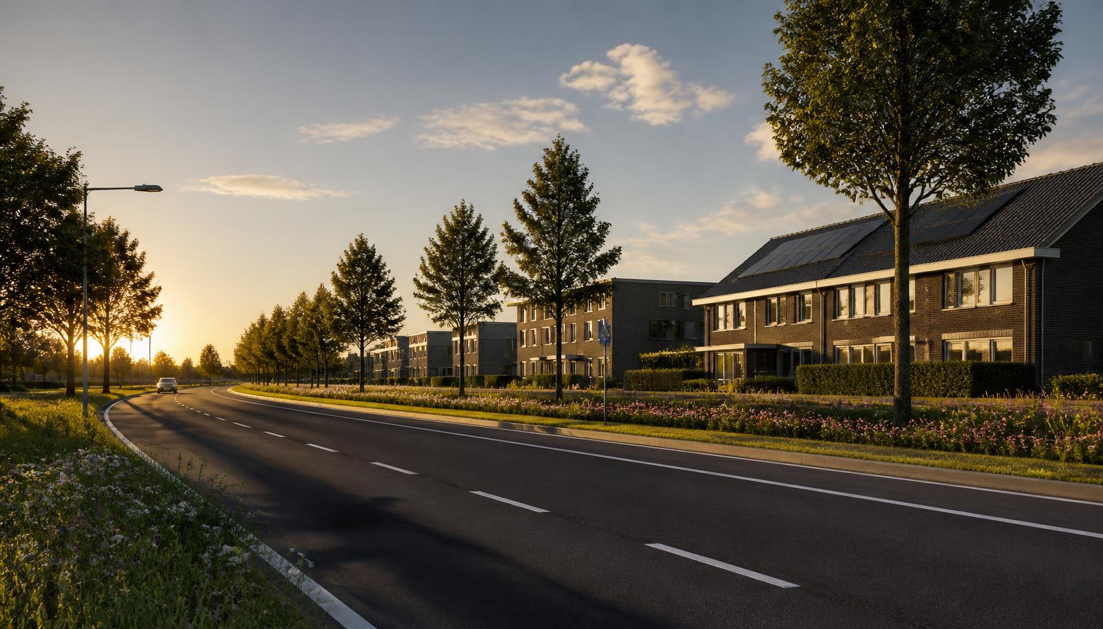 Woonstraat met bomen en fietsstrook bij zonsondergang